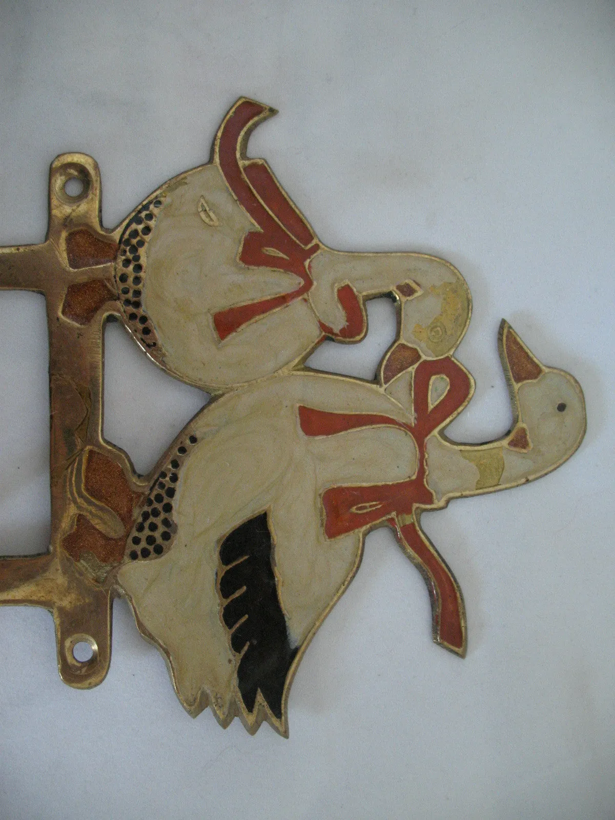 VINTAGE Old BRASS METAL Enamel DUCK GOOSE GEESE DUCKLING Wall Hanging Hook Hang