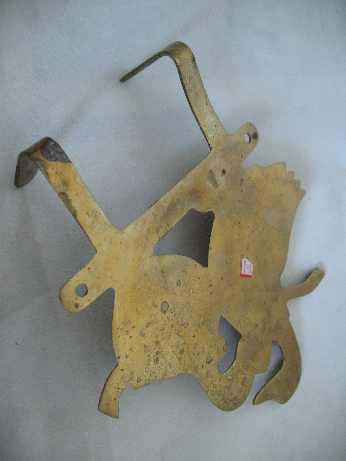 VINTAGE Old BRASS METAL Enamel DUCK GOOSE GEESE DUCKLING Wall Hanging Hook Hang